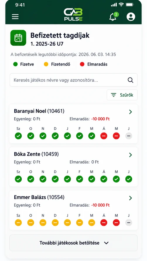 A CB PULSE befizetett tagdíjak képernyője mobilon