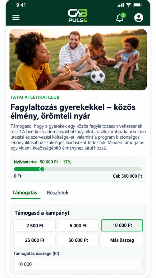 A CB PULSE támogatási kampány képernyője mobilon